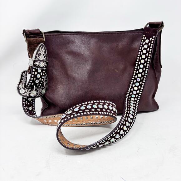 Upcycled Two Bar West Leather Shoulder Bag Bling Belt Strap Boho Western Cowgirl - Picture 1 of 12